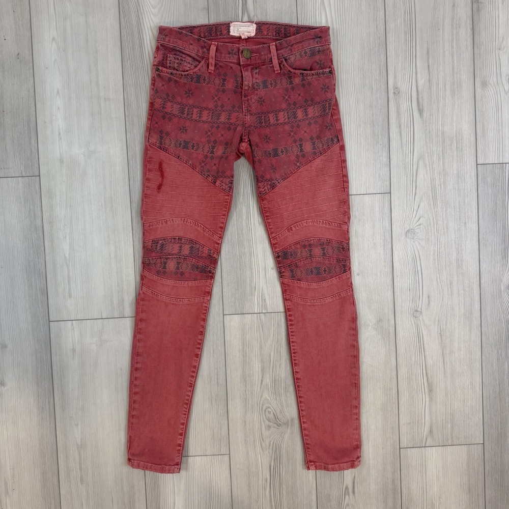 $225 Current Elliott Skinny Moto Coral Red Jeans Size 26 Distressed READ